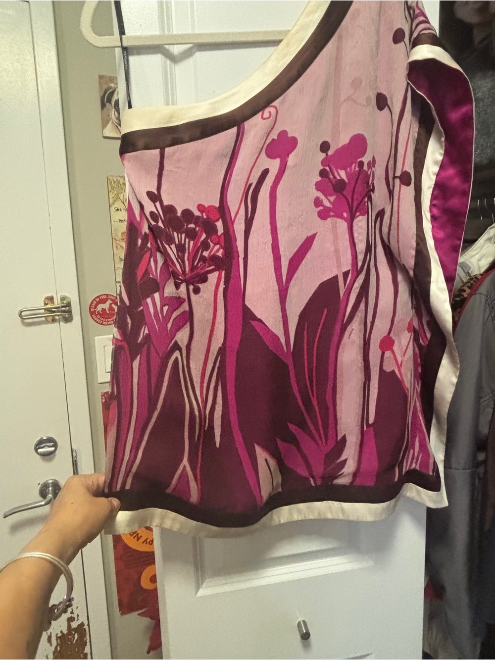 Bebe Pink Silk Floral One-Shoulder Blouse